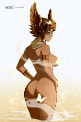 1girl absurdres ass back_tattoo breasts brown_hair bug butt_crack butterfly closed_mouth commentary dark-skinned_female dark_skin datli64 english_commentary eve_(datli64) from_behind glasses gold_armlet gold_bracer gold_helmet hands_on_own_hips helmet highres insect large_breasts mole mole_on_arm mole_on_ass mole_on_breast multiple_moles nude orange_eyes original short_hair sideboob simple_background smoke smoke_trail solo tattoo water wet white_background winged_helmet yellow_butterfly