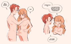 1boy 1futa ange_(angeban93) beatrice beatrice_(umineko) blonde_hair blue_eyes blush breasts completely_nude couple english_text flaccid futa_with_male futanari highres long_hair medium_breasts nipples nude penis penis_comparison penis_grab penis_size_comparison penis_size_difference penises_touching red_hair smile standing testicles umineko_no_naku_koro_ni ushiromiya_battler
