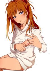1girl blue_eyes blush breasts cleavage_cutout clothes_pull clothing_cutout female_focus fingernails highres long_hair mebae neon_genesis_evangelion nipples open-chest_sweater open_mouth orange_hair small_breasts solo souryuu_asuka_langley sweater sweater_pull
