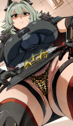 Rule 34 | 1girl, absurdres, bakkanki, black dress, black gloves, black horns, black thighhighs, blush, breasts, brown eyes, caesar king (zenless zone zero), cameltoe, dress, elbow gloves, gloves, gluteal fold, green hair, hair intakes, highres, horns, large breasts, leopard print panties, long sleeves, looking at viewer, medium hair, panties, shaded face, short dress, solo, thighhighs, underwear, yellow panties, zenless zone zero