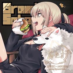 1girl akio_(akio1124) artoria_pendragon_(fate) black_background black_camisole black_jacket black_ribbon black_shorts blonde_hair breasts bun_with_braided_base burger camisole cavall_ii_(fate) chair coat dark_persona dog fate/grand_order fate_(series) food hair_between_eyes hair_bun holding holding_burger holding_food jacket jewelry long_sleeves low_ponytail medium_breasts necklace on_chair open_clothes open_coat open_jacket ponytail ribbon saber_alter saber_alter_(ver._shinjuku_1999) samoyed_(dog) short_hair short_shorts shorts single_hair_bun sitting solo white_dog yellow_eyes