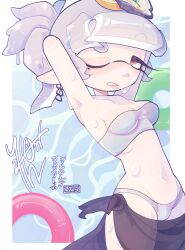 1girl adapted_costume alternate_hairstyle aquasonix armpits bikini border breasts commentary english_commentary eyelashes food food_on_head grey_bikini grey_hair grey_tube_top highres inkling innertube long_hair looking_at_viewer marie_(splatoon) marie_(summer_nights)_(splatoon) medium_breasts mole mole_under_eye navel nintendo object_on_head one_eye_closed outside_border parted_lips pointy_ears short_eyebrows solo splatoon_(series) splatoon_3 standing strapless swim_ring swimsuit tentacle_hair thick_eyebrows tube_top wet white_border yellow_eyes