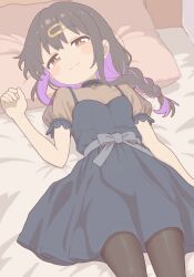 1girl bare_arms bed_sheet black_hair black_pantyhose blue_dress blush braid breasts brown_eyes commentary cowboy_shot dress hair_ornament hairclip highres indoors long_hair looking_at_viewer lying medium_breasts multicolored_hair official_alternate_costume on_bed onii-chan_wa_oshimai! oyama_mihari pantyhose pillow purple_hair rtbspecter short_sleeves smile solo textless_version two-tone_hair