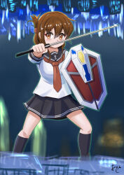 Rule 34 | 1girl, akashieru, black sailor collar, black skirt, black socks, brown eyes, brown hair, commentary request, denkou choujin gridman, folded ponytail, full body, highres, inazuma (kancolle), kantai collection, long hair, long sleeves, looking at viewer, neckerchief, one-hour drawing challenge, parody, pleated skirt, red neckerchief, sailor collar, sailor shirt, shield, shirt, skirt, socks, solo, standing, sword, weapon, white shirt
