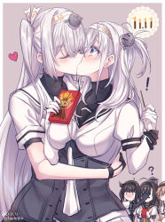 ! 5girls ? akizuki_(kancolle) black_bodysuit black_gloves black_hair black_sailor_collar blue_eyes blush bodysuit breasts brown_hair closed_eyes covering_another&#039;s_eyes dated food fuyutsuki_(kancolle) gloves grey_background grey_hair hachimaki hair_flaps hatsuzuki_(kancolle) headband headgear heart highres holding holding_food kabocha_torute kantai_collection kiss large_breasts long_hair multiple_girls neckerchief one_side_up pocky pocky_day sailor_collar school_uniform serafuku simple_background suzutsuki_(kancolle) sweat teruzuki_(kancolle) twitter_username very_long_hair white_bodysuit white_hair white_neckerchief white_sailor_collar yuri