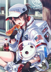 1girl absurdres american_flag american_flag_print black_gloves black_shorts bottle brown_eyes brown_hair cat commentary day eating flag_print gloves hair_between_eyes hat highres hot_dog jacket long_sleeves looking_at_viewer medium_hair open_clothes open_jacket open_mouth original outdoors print_jacket shoes shorts sitting soda suzaku_(zaku6584) white_hat white_jacket white_shoes
