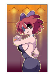 1girl ass bare_legs black_dress breasts button_eye buttons cocktail_dress dress drink glitch_productions ragatha_(the_amazing_digital_circus) red_hair the_amazing_digital_circus