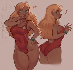 ! 1girl absurdres blonde_hair bracelet dark-skinned_female dark_skin disney green_eyes highres jewelry lifeguard_(lilo_&amp;_stitch) lilo_&amp;_stitch long_hair multiple_views one-piece_swimsuit red_one-piece_swimsuit swimsuit widisu