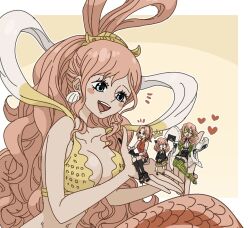 4girls ^_^ anya_(spy_x_family) black_dress blue_eyes carrying carrying_person closed_eyes commentary_request demon_slayer_uniform dress earrings eyelashes fish_hair_ornament food giant giantess green_hair green_thighhighs hagoromo hair_ornament hairpods half_updo haori haruno_sakura heart highres japanese_clothes jewelry kanroji_mitsuri kimetsu_no_yaiba labell_xx long_hair mermaid monster_girl multiple_girls naruto_(series) notice_lines one_piece onigiri open_mouth pink_hair shawl shell shell_earrings shirahoshi short_hair sidelocks size_difference smile spy_x_family thighhighs