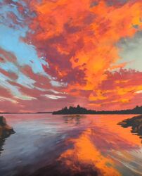 cloud cloudy_sky commentary cumulonimbus_cloud dusk english_commentary highres jimmusilpainter lake nature no_humans original outdoors painting_(medium) pink_clouds reflection reflective_water ripples scenery sky traditional_media water