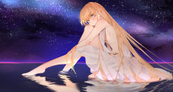 1girl absurdres bad_feet bare_shoulders barefoot blonde_hair blue_eyes breasts dress dripping feet from_side full_body hair_between_eyes highres hugging_own_legs legs long_hair looking_at_viewer medium_breasts navel no_bra original parted_lips sideboob sitting sky solo star_(sky) starry_sky toes twilight very_long_hair water wet white_dress yuya_(yuya_illust)