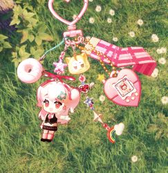 bead_bracelet beads black_shoes black_skirt black_vest bracelet buttons cat character_charm charm_(object) cloud daisy_(flower) donut eyelashes field flower flower_field food food_charm frilled_sleeves frills fur_leg_warmers grass hair_ornament hair_scrunchie hairclip highres infinity_nikki jewelry leg_warmers light176 miniskirt momo_(nikki) nikki_(nikki) nikki_(series) no_humans objectification open_mouth photo_background pink_eyes pink_leg_warmers pink_ribbon pink_scrunchie pink_shirt plaid_clothes plaid_skirt puffy_short_sleeves puffy_sleeves rainbow ribbon ribbon_earrings rosie_sweetheart_(infinity_nikki) scrunchie shirt shoes short_sleeves skirt smile star_(symbol) star_hair_ornament swept_bangs two_side_up vest virtual_pet_(toy) whimstar_(infinity_nikki) white_cat white_flower x_hair_ornament y2k_fashion yellow_ribbon