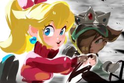 2girls 8log4icy angry blonde_hair blue_eyes bow closed_mouth crown earrings eyelashes hair_bow hair_over_one_eye hat jacket jewelry long_hair looking_at_viewer mario_(series) mario_kart mario_kart_world multiple_girls nintendo open_mouth ponytail princess_peach princess_peach_(touring) red_bow red_jacket rosalina rosalina_(pro_racer) staring steering_wheel turtleneck turtleneck_jacket upper_body
