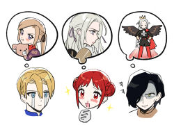 2boys 2girls black_hair blonde_hair blood blue_eyes blush brown_hair capelet closed_mouth commentary_request crown crying curly_hair dimitri_alexandre_blaiddyd double_bun edelgard_von_hresvelg edelgard_von_hresvelg_(young) feathered_wings fire_emblem fire_emblem:_three_houses from_side garreg_mach_monastery_uniform gloves green_eyes hair_between_eyes hair_bun hair_over_one_eye hair_up hands_on_own_hips hands_up head_only holding hubert_von_vestra ikaikakka implied_yuri light_smile long_hair monica_von_ochs multiple_boys multiple_girls nintendo nosebleed open_mouth own_hands_together pantyhose parted_bangs pout purple_eyes red_capelet red_eyes red_hair red_pantyhose shaded_face short_hair simple_background smirk speech_bubble spoilers streaming_tears stuffed_animal stuffed_toy tears teddy_bear thought_bubble twintails white_background white_gloves white_hair wings yuri