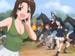 6+girls a1_(initial-g) apple arm_up asymmetrical_bangs basket black_footwear black_hair black_legwear blank_eyes blue_jacket blue_sky boots breasts brown_jacket chi-hatan_military_uniform cleavage cloud cloudy_sky covered_erect_nipples day fire food frown fruit girls_und_panzer glasses green_shirt hand_on_own_face holding holding_sword holding_weapon horse horseback_riding hut jacket knee_boots long_hair long_sleeves looking_at_another looking_back maruyama_saki medium_breasts military military_uniform miniskirt multiple_girls nishi_kinuyo o_o ooarai_military_uniform oono_aya opaque_glasses open_mouth outdoors parted_bangs pleated_skirt riding round_eyewear running saber_(weapon) sakaguchi_karina sawa_azusa scared shirt short_hair skirt sky smile socks sweat sword tank_top tree tripping twintails utsugi_yuuki weapon white_skirt yamagou_ayumi yellow_skirt