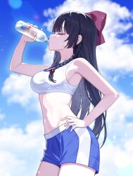 1girl absurdres arm_up armpits bare_arms bare_shoulders black_hair blue_shorts blue_sky bottle bow braid breasts closed_eyes cloud crop_top drinking hair_bow hand_on_own_hip highres holding holding_bottle lens_flare long_hair medium_breasts midriff navel shirayuki_hina shirt short_shorts shorts sky sleeveless sleeveless_shirt solo stellive stomach taut_clothes taut_shirt virtual_youtuber water_bottle white_shirt yioro