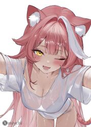 1girl animal_ears artist_name bent_over bikini blush breasts cleavage collarbone commentary english_commentary eyelashes fangs hair_intakes highres hololive hololive_english large_breasts long_hair looking_at_viewer miychi multicolored_hair one_eye_closed open_mouth outstretched_arms panther_ears panther_girl panther_tail pink_hair pink_lips raora_panthera see-through_clothes see-through_shirt see-through_silhouette shirt short_sleeves simple_background skin_fangs smile solo spread_arms streaked_hair swimsuit tail teeth thighs twitter_username two-tone_hair virtual_youtuber wet white_background white_bikini white_hair white_shirt yellow_eyes
