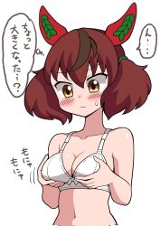 Rule 34 | 1girl, animal ears, bra, breasts, brown eyes, cleavage, closed mouth, collarbone, commentary request, grabbing own breast, hair ornament, highres, horse ears, horse girl, medium breasts, medium hair, navel, nice nature (umamusume), red hair, short twintails, sodeshita marshmallow, solo, sweat, translation request, twintails, umamusume, underwear, white background