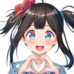 Rule 34 | 1girl, :o, ahoge, artist self-insert, blue eyes, blue kimono, blunt ends, blush, brown hair, collarbone, commentary request, double-parted bangs, floral print, floral print kimono, flower, hair ornament, hands up, heart, heart hands, japanese clothes, kanzashi, kimono, medium hair, miuna (miunakun), miunakun, open mouth, original, portrait, print kimono, red flower, self-portrait, simple background, smile, teeth, two side up, upper teeth only, white background