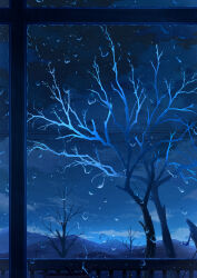 absurdres bare_tree blue_theme cloud guiyi_tonghua highres mountain no_humans original scenery sky star_(sky) starry_sky tree window