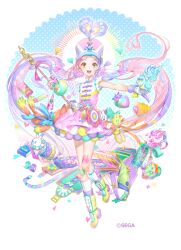1girl band_uniform bandaid bandaid_on_knee bandaid_on_leg boots chunithm commentary_request copyright_request food fruit full_body gloves hair_ornament hair_scrunchie hat highres holding holding_scepter jacket k_ototo kneehighs leg_up long_hair maihama_yume official_art open_mouth pink_hair pink_hat pink_scrunchie pink_skirt scepter scrunchie skirt sleeveless sleeveless_jacket smile socks solo strawberry stuffed_animal stuffed_cat stuffed_toy twintails very_long_hair white_gloves white_jacket white_socks yellow_boots yellow_eyes