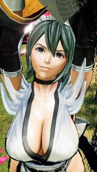 1girl 3d arms_up ass ass_focus black_hair black_leotard breast_focus breasts curvy highleg highleg_leotard highres iroha_(samurai_spirits) large_breasts legs leotard maid maid_headdress ryona samurai_spirits screencap shiny_skin short_hair sideboob standing thick_thighs thighs third-party_edit wide_hips