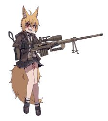Rule 34 | 1girl, ahoge, animal ears, anti-materiel rifle, backpack, bag, bare legs, black gloves, black necktie, blonde hair, blush, bolt action, casing ejection, cheytac m200, cosplay, evil grin, evil smile, flat chest, fox ears, fox tail, full body, gloves, grin, gun, hair between eyes, highres, holding, holding gun, holding weapon, jacket, karepack, knees together feet apart, large tail, leg tattoo, lenneth liangzhou, m200 (girls&#039; frontline), m200 (girls&#039; frontline) (cosplay), miniskirt, necktie, non-web source, open clothes, open jacket, pale skin, ponytail, red eyes, rifle, sharp teeth, shell casing, shirt, skirt, slit pupils, smile, sniper rifle, solo, standing, tail, tattoo, teeth, transparent background, weapon, white shirt