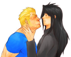 2boys bara beard_stubble black_hair black_shirt blonde_hair blue_shirt blush cid_highwind closed_eyes closed_mouth commentary facial_hair final_fantasy final_fantasy_vii hand_on_another&#039;s_neck incoming_kiss long_hair long_sleeves looking_at_another magnum_feering male_focus multiple_boys muscular muscular_male puckered_lips shirt smile stubble vincent_valentine white_background yaoi