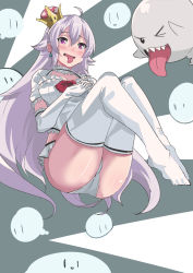1girl :p ahoge blush boo_(mario) earrings fangs female_focus floating frilled_skirt frills full_body genderswap genderswap_(mtf) ghost gloves highres jewelry julioalqae light_purple_hair long_hair luigi&#039;s_mansion mario_(series) new_super_mario_bros._u_deluxe nintendo one_eye_closed open_mouth own_hands_together panties pantyshot personification princess_king_boo puffy_short_sleeves puffy_sleeves purple_eyes sharp_teeth short_sleeves skirt smile solo super_crown teeth thighhighs tongue tongue_out underwear very_long_hair white_panties