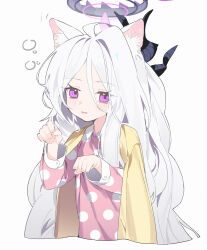 1girl animal_ears black_horns blue_archive cardigan cardigan_on_shoulders cat_ears demon_girl demon_horns halo highres hina_(blue_archive) hina_(pajamas)_(blue_archive) horns long_hair measho official_alternate_costume pajamas pink_pajamas polka_dot polka_dot_pajamas purple_eyes simple_background solo white_background white_hair yellow_cardigan