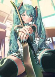 1girl :o aqua_eyes aqua_hair aqua_nails aqua_necktie bare_shoulders black_thighhighs blurry blurry_background blush commentary_request depth_of_field detached_sleeves electric_guitar from_below gibson_les_paul grey_shirt guitar hair_ornament hatsune_miku holding holding_guitar holding_instrument indoors instrument kirisaki_shuusei long_hair looking_at_viewer nail_polish necktie shirt signature sitting skirt sleeveless solo thighhighs twintails very_long_hair vocaloid wariza watermark zettai_ryouiki