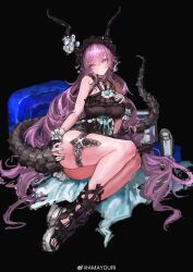 1girl absurdres amayouri aqua_nails arknights black_background black_choker black_hairband black_horns black_one-piece_swimsuit breasts chinese_commentary choker commentary_request dragon_tail fake_horns flower frilled_one-piece_swimsuit frilled_wrist_cuffs frills full_body hairband hands_on_own_ass hands_on_own_chest highres horn_flower horn_hairband horns large_breasts long_hair looking_at_viewer low-tied_long_hair official_alternate_costume one-piece_swimsuit platform_sandals purple_eyes purple_hair sandals simple_background sitting solo swimsuit tail thighs typhon_(arknights) typhon_(temperature_difference)_(arknights) very_long_hair white_flower white_wrist_cuffs wrist_cuffs