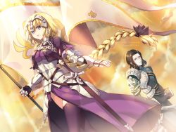 1boy 1girl armor bad_id bad_pixiv_id black_eyes black_hair black_ribbon black_thighhighs blonde_hair blue_eyes braid capelet fate/apocrypha fate/grand_order fate_(series) faulds flag fleur-de-lis gauntlets gilles_de_rais_(caster)_(fate) gilles_de_rais_(fate) gilles_de_rais_(saber)_(fate) hair_ribbon headpiece holding holding_flag jeanne_d&#039;arc_(fate) jeanne_d&#039;arc_(ruler)_(fate) long_hair looking_at_another parted_lips pauldrons pixiv_id ribbon shoulder_armor single_braid smile standard_bearer standing thighhighs tress_ribbon trianon very_long_hair watermark web_address