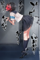 Rule 34 | 1girl, anal, anal beads, bdsm, black hair, blush, bondage, bound, bound wrists, cuffs, cuffs-to-collar, gag, gagged, hair ornament, hairclip, highres, murakami suigun, original, pleated skirt, sailor collar, school uniform, serafuku, sex toy, shirt, short hair, skirt, socks, solo, white shirt, wiffle gag
