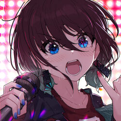 1girl blue_eyes blue_hair blue_nails blush brown_hair chinese_commentary commentary_request earrings girls_band_cry iseri_nina jewelry kuuhaku_to_catharsis multicolored_nails open_mouth pinky_out portrait red_shirt shirt solo sweat teeth yun_cao_bing