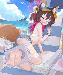 1girl animal_ear_fluff animal_ears barefoot beach_chair bead_bracelet beads bikini blue_archive blue_bikini blue_shorts bound_ankles bracelet breasts brown_hair chinese_commentary closed_eyes commentary_request denim denim_shorts eugenecolin facing_viewer fang flower fox_ears fox_girl fox_tail hair_flower hair_ornament halo highres izuna_(blue_archive) izuna_(swimsuit)_(blue_archive) jewelry large_variant_set lens_flare official_alternate_costume one_side_up open_mouth outdoors pink_halo pink_scarf scarf scrunchie short_hair short_shorts shorts skin_fang small_breasts soles solo striped_bikini striped_clothes swimsuit tail toes variant_set visor_cap wrist_scrunchie