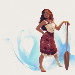 1girl barefoot black_hair dark-skinned_female dark_skin hand_on_own_hip highres holding holding_oar looking_to_the_side moana_(movie) moana_waialiki oar print_skirt red_skirt shirt skirt sleeveless sleeveless_shirt solo standing tanisketch white_shirt