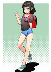 1girl arm_behind_back backpack bag black_hair black_shirt blue_shorts breasts brown_eyes full_body green_shoes highres j7w large_variant_set loli looking_ahead medium_hair open_mouth original polka_dot polka_dot_background randoseru shadow shirt shoes shorts small_breasts smile sneakers solo standing standing_on_one_leg variant_set