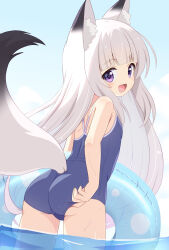1girl :d adjusting_clothes adjusting_swimsuit animal_ear_fluff animal_ears ass blue_one-piece_swimsuit commentary fox_ears fox_girl fox_tail from_behind highres innertube long_hair looking_at_viewer looking_back mogura2009 one-piece_swimsuit open_mouth original petite purple_eyes school_swimsuit smile solo swim_ring swimsuit symbol-only_commentary tail wading water white_hair