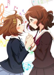 10s 2girls ^_^ beamed_quavers blush brown_eyes brown_hair closed_eyes company_connection crossover crotchet_rest fox-zgmf from_side hair_ornament hairclip hibike!_euphonium highres hirasawa_yui holding_hands k-on! multiple_girls musical_note neckerchief oumae_kumiko profile quaver red_neckerchief school_uniform serafuku short_hair smile musical_staff trait_connection treble_clef