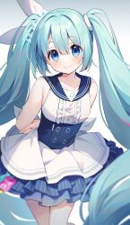 1girl aqua_hair aqua_nails arms_behind_back bare_shoulders blue_archive blue_eyes blush center_frills closed_mouth commentary cowboy_shot frills hair_between_eyes hair_ribbon halo hatsune_miku hatsune_miku_(blue_archive) highres layered_skirt long_hair looking_at_viewer pleated_skirt ribbon sailor_collar shirt skirt sleeveless sleeveless_shirt smile solo suimya very_long_hair vocaloid white_ribbon white_shirt white_skirt