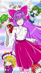 1990s_(style) 4girls 6+girls artist_name ascot blonde_hair bow braid breasts cape capelet deformed detached_sleeves dress flower frills ghost_tail green_eyes green_hair hair_bobbles hair_bow hair_ornament hair_tubes hakama hakurei_reimu hakurei_reimu_(pc-98) hat hat_bow highres holding japanese_clothes kazami_yuuka kazami_yuuka_(pc-98) kimono kirisame_marisa kirisame_marisa_(pc-98) long_hair long_sleeves looking_at_viewer miko mima_(touhou) multiple_girls navodnavod okazaki_yumemi one_eye_closed one_side_up open_mouth plaid_clothes plaid_vest purple_dress purple_eyes purple_hair red_bow red_eyes red_hair retro_artstyle ribbon shinki_(touhou) shirt short_hair skirt smile touhou touhou_(pc-98) umbrella vest wide_sleeves wings witch_hat yellow_eyes