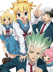 Rule 34 | 2boys, 3girls, :d, ;d, antenna hair, asagiri gen, black hair, black thighhighs, blazer, blonde hair, blue eyes, blue jacket, blue sailor collar, blue skirt, brown shoes, collared shirt, dr. stone, facial mark, gradient hair, green hair, grey hair, hair ribbon, hand on another&#039;s shoulder, highres, index finger raised, ishigami senkuu, izumi whale, jacket, kita high school uniform, kohaku (dr. stone), loafers, long sleeves, looking at viewer, miniskirt, momiji homura, multicolored hair, multiple boys, multiple girls, necktie, one eye closed, open clothes, open jacket, open mouth, orange eyes, orange ribbon, outline, pink hair, red eyes, red necktie, red ribbon, ribbon, sailor collar, sailor shirt, school uniform, shirt, shoes, short hair, skirt, smile, suika (dr.stone), suzumiya haruhi no yuuutsu, sweatdrop, thighhighs, twitter username, two-tone hair, white hair, white outline, white shirt, wing collar, winter uniform, zettai ryouiki