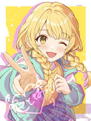 Rule 34 | 1girl, ;d, absurdres, blonde hair, blue skirt, border, braid, chinese commentary, commentary request, foreshortening, fujita kotone, gakuen idolmaster, heart, highres, idolmaster, jacket, long hair, looking at viewer, multicolored jacket, one eye closed, open clothes, open jacket, open mouth, outside border, pixiv username, plaid clothes, plaid skirt, pleated skirt, shirt, signature, skirt, smile, solo, twin braids, w, white border, yellow background, yellow eyes, yellow shirt, zc007