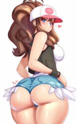 Rule 34 | 1girl, anisdrawn, ass, ass focus, baseball cap, big hair, black vest, blue eyes, blue shorts, blush, breasts, brown hair, closed mouth, commentary, curly hair, cutoffs, denim, denim shorts, hat, heart, high ponytail, highres, hilda (pokemon), large breasts, looking at viewer, looking back, nintendo, poke ball print, pokemon, pokemon bw, ponytail, print hat, shorts, sidelocks, signature, simple background, smile, solo, standing, thick thighs, thighs, vest, white background, white hat