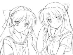 Rule 34 | 00s, 2boys, clannad, crossdressing, greyscale, long hair, lowres, male focus, master therion (asobijanaino), monochrome, multiple boys, outline, sagara misae, school uniform, shima katsuki, sketch, traditional media, trap