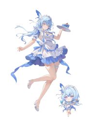 02bear20 1girl absurdres alternate_costume bare_legs blue_dress blue_hair bow breasts cake cherry chibi chibi_inset commentary_request dress dual_persona enmaided food frilled_thigh_strap fruit full_body hair_bow highres holding holding_plate incredibly_absurdres korean_commentary large_breasts legs light_blush long_hair looking_at_viewer maid maid_headdress merchandise_available parted_lips plate purple_eyes shoes shorekeeper_(wuthering_waves) short_sleeves simple_background solo thigh_strap white_background white_bow white_shoes wuthering_waves
