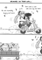 2girls 2koma :d apron beamed_sixteenth_notes blush bow caution caution_tape collared_shirt comic crocs crossover driving eighth_note english_text girls&#039;_frontline greyscale guin_guin hair_between_eyes hair_bow hakama hakama_short_skirt hakama_skirt heart high_ponytail houshou_(kancolle) japanese_clothes kantai_collection kimono long_hair long_sleeves monochrome multiple_girls musical_note open_mouth pants ponytail profile shirt sitting skirt skull smile socks springfield_(girls&#039;_frontline) sunglasses very_long_hair wide_sleeves