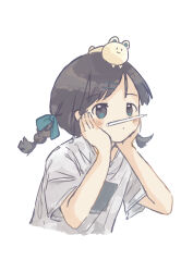 1girl absurdres animal animal_on_head black_hair blue_eyes blush braid commentary_request cropped_torso facial_hair hair_ornament hair_ribbon hairclip hands_on_own_cheeks hands_on_own_face highres mustache on_head original pencil_mustache ribbon sasaxxxx06 shirt short_sleeves solo t-shirt twin_braids