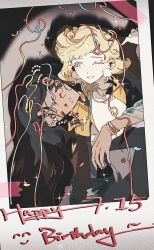 Rule 34 | 2girls, absurdres, black hair, blonde hair, bracelet, closed eyes, dark-skinned female, dark skin, dated, facial mark, fake photograph, forehead mark, grin, head on another&#039;s shoulder, highres, hl (iamawhitehippo), jacket, jewelry, kaalaa baunaa, long hair, looking at another, ms. newbabel, multiple girls, one eye closed, reverse:1999, shadow, short hair, smile, sparkle, streamers, upper body, watermark, weibo watermark, white jacket, yellow eyes